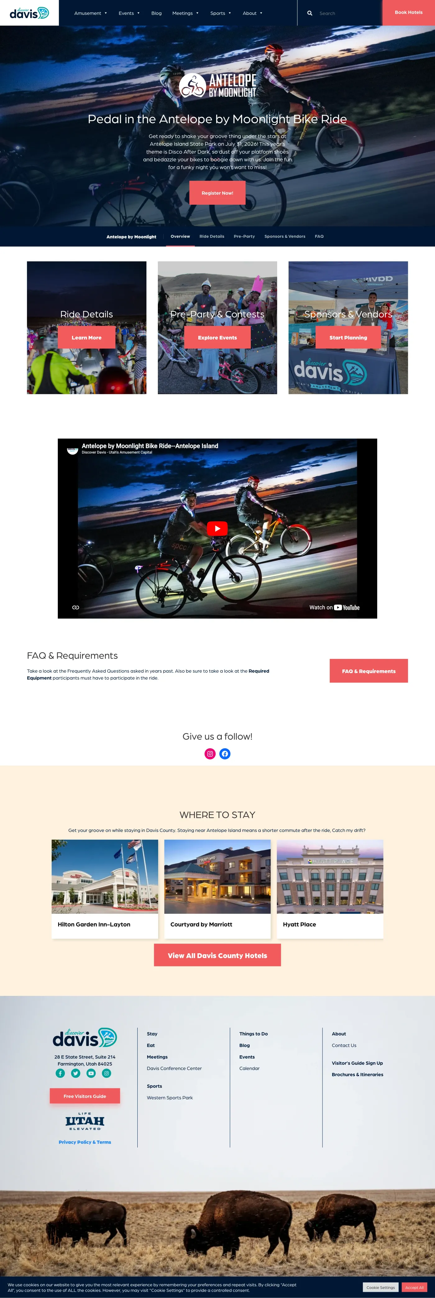 The Antelope by Moonlight Bike Ride landing page on Discover Davis, with a night-ride hero, in-page event navigation, register CTA, embedded video, and a where-to-stay hotel module
