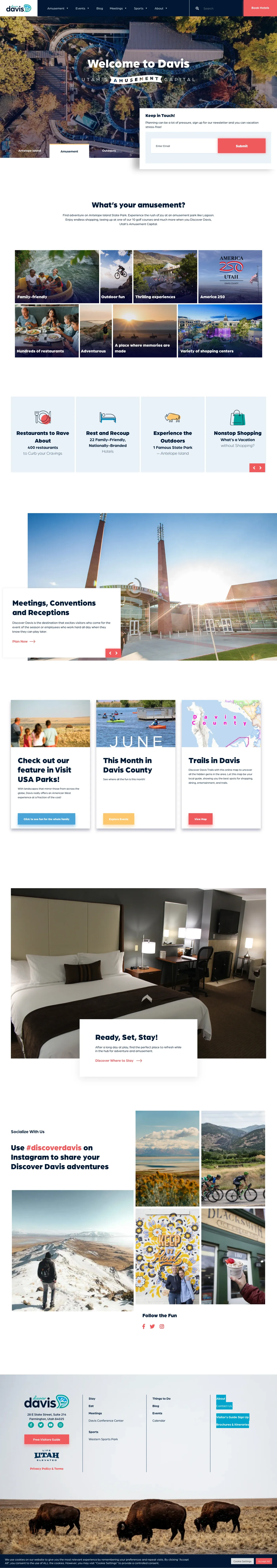 The Discover Davis homepage — "Welcome to Davis, Utah's Amusement Capital" — featuring amusement categories, meetings and outdoors highlights, and a social feed