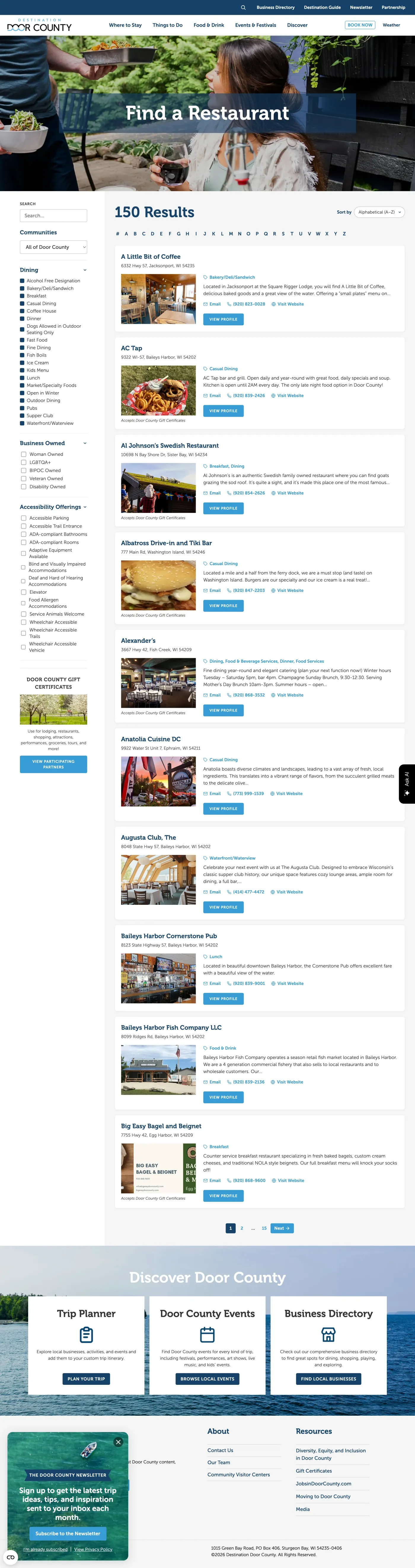 The Door County business directory / dining finder, showing 150+ filterable listings with categories, accessibility offerings, and community filters