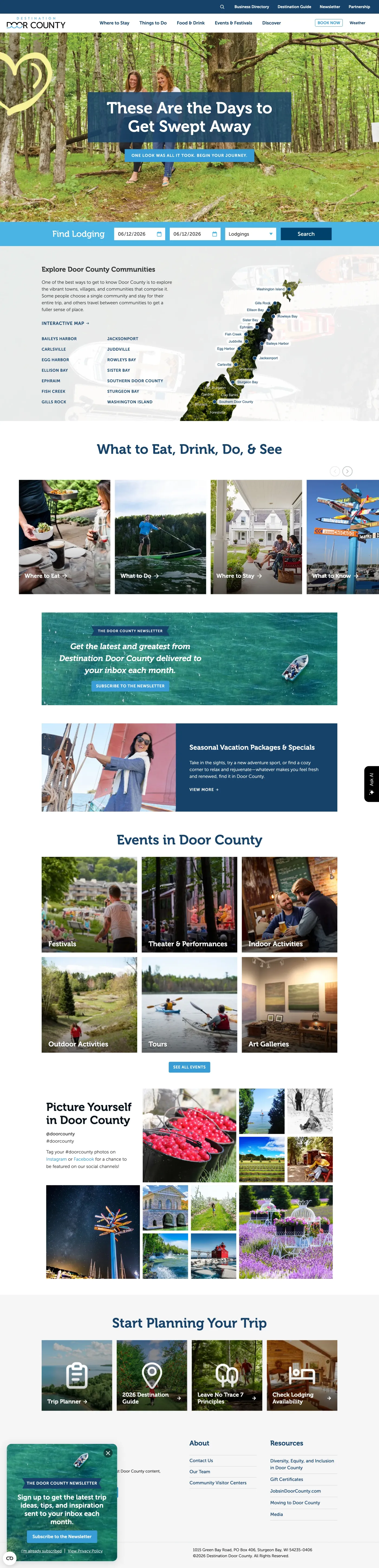 The Destination Door County homepage — "These Are the Days to Get Swept Away" — with a lodging search, an interactive communities map, and what to eat, drink, do, and see