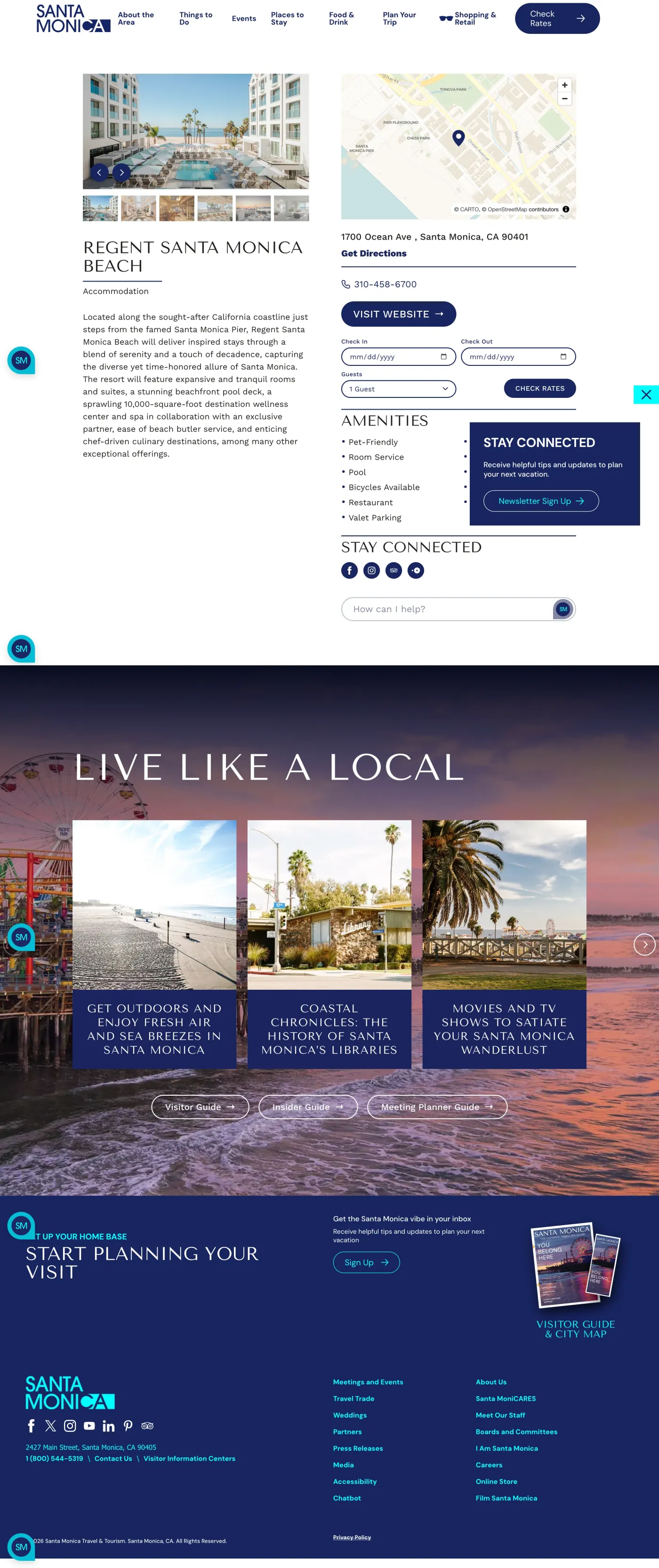 A revamped accommodation listing for Regent Santa Monica Beach, with an image gallery, location map, amenities, and a check-rates booking module