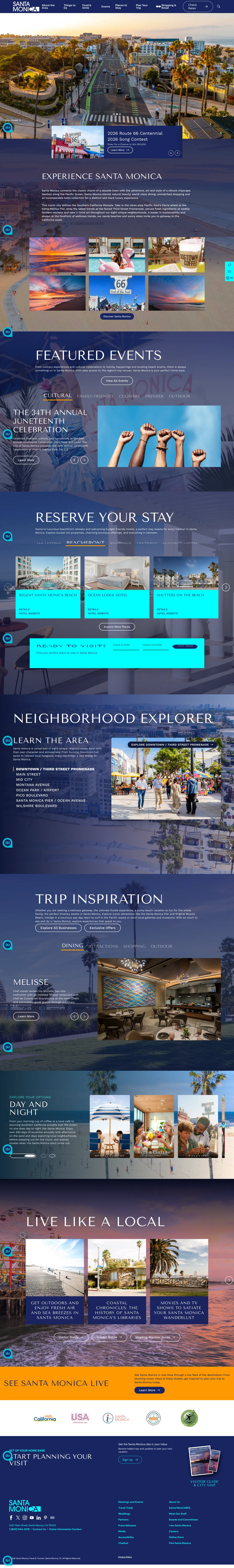 The refreshed Santa Monica homepage, with a full-bleed hero, featured events, "Reserve Your Stay," a neighborhood explorer, and "Live Like a Local" sections