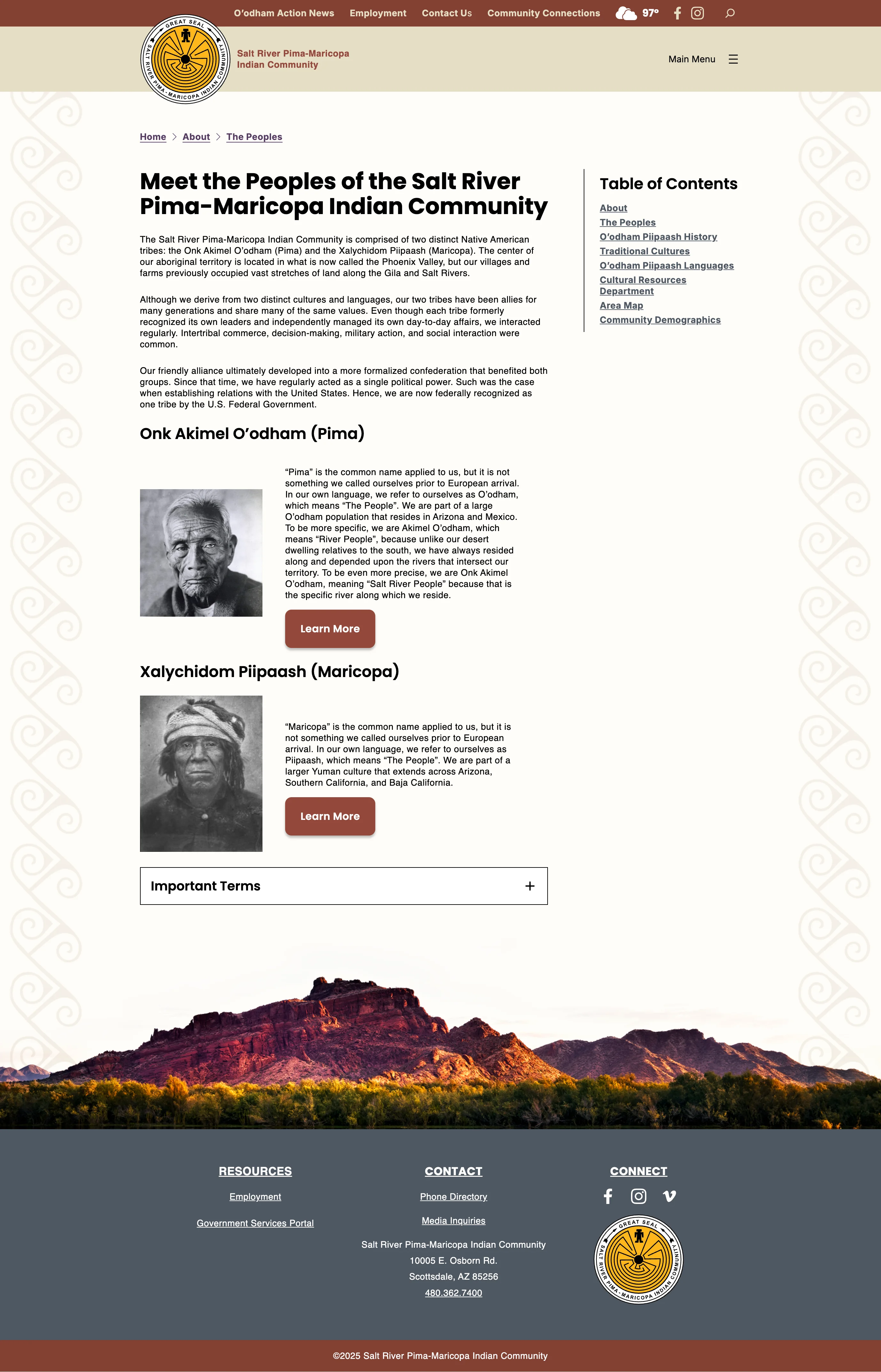 SRPMIC "Meet the Peoples" page introducing the Onk Akimel O'odham (Pima) and Xalychidom Piipaash (Maricopa) tribes, with a table of contents and historical portraits