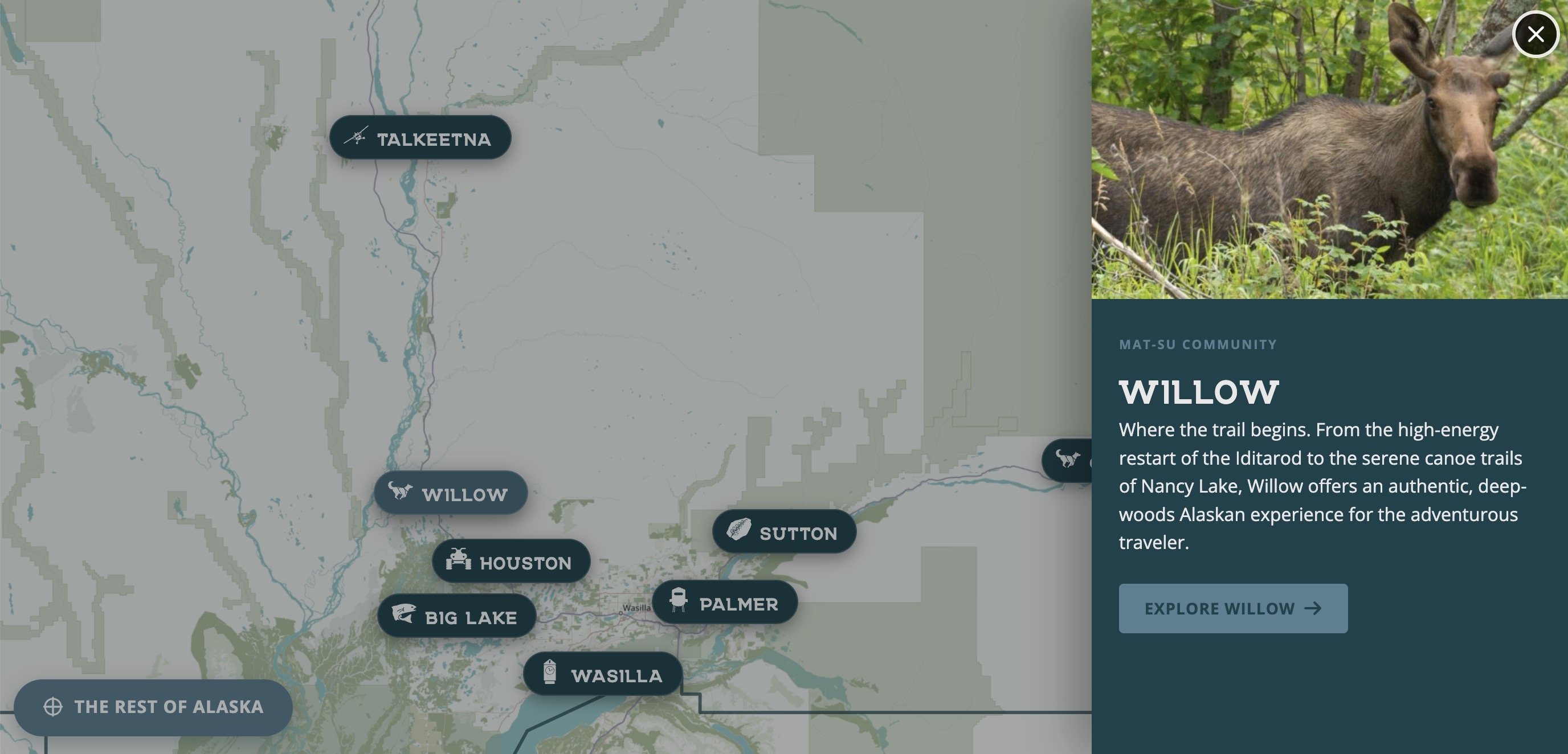 Custom interactive map of the Mat-Su region, with illustrated community markers for Talkeetna, Willow, Houston, Big Lake, Wasilla, Palmer, and Sutton, and a detail panel highlighting Willow with a photo of a moose