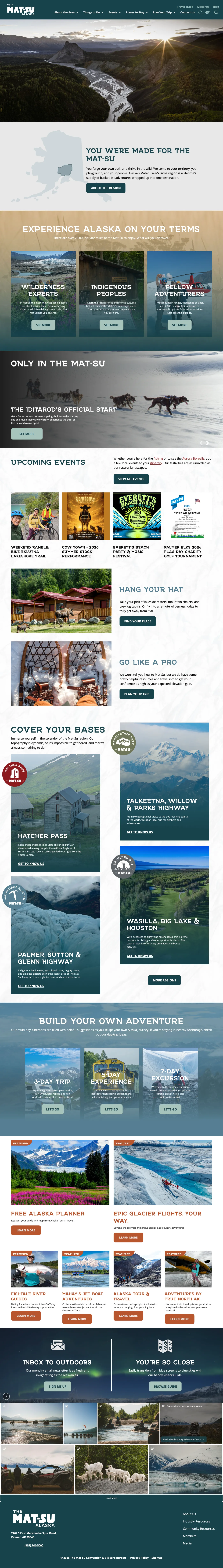 The Mat-Su Alaska homepage, from the river-valley hero through region guides, events, itineraries, and featured partner adventures
