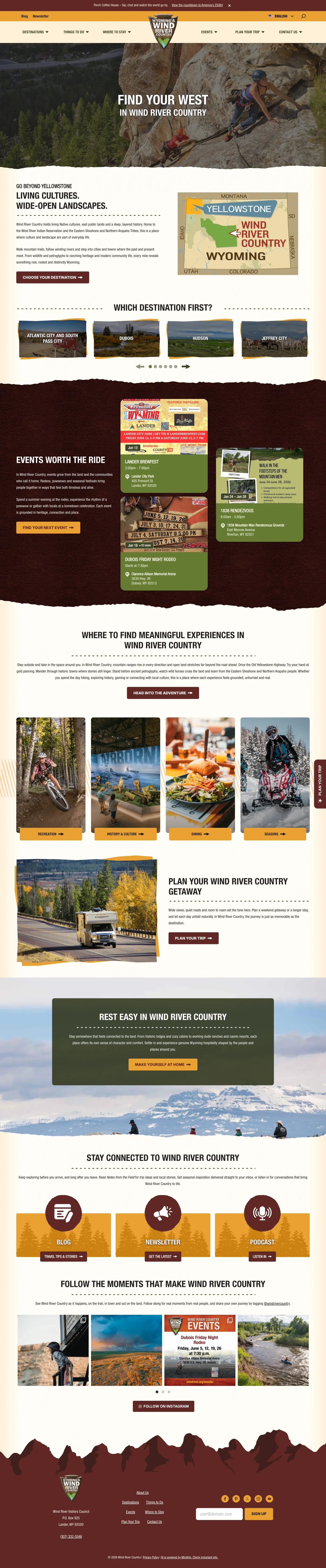 The Wind River Country homepage — "Find Your West in Wind River Country" — featuring destinations, events worth the ride, and meaningful experiences across the region